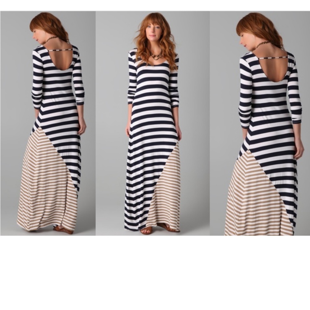 Ella Moss Maxi Dress, Long Sleeve, Navy/Taupe/White Stripes, Size Small, scoop